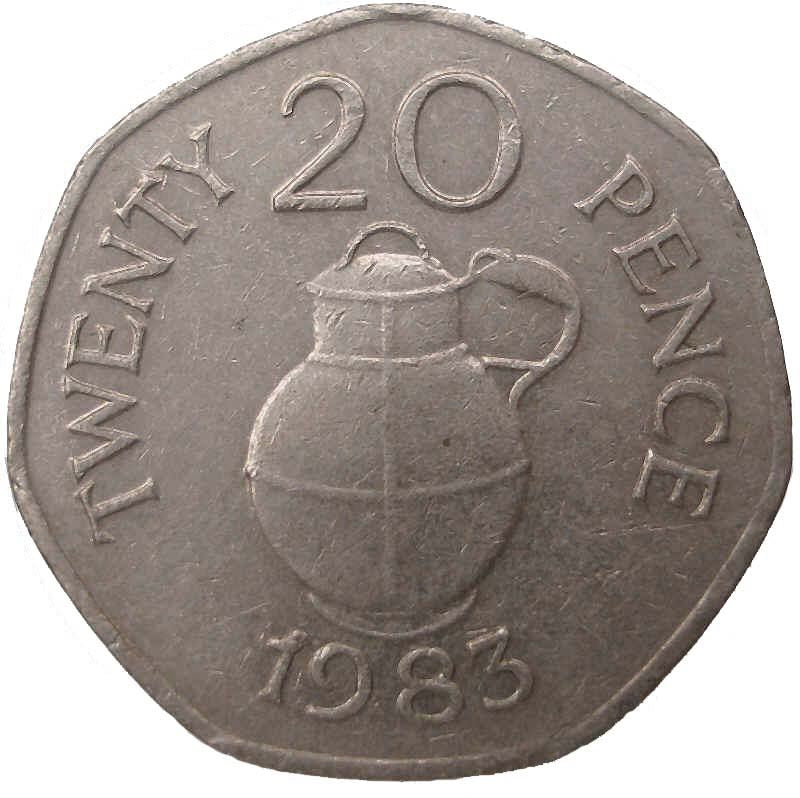 Guernsey Coin | 20 Pence | Queen Elizabeth II | Guernsey Milk Can | KM38 | 1982 - 1983