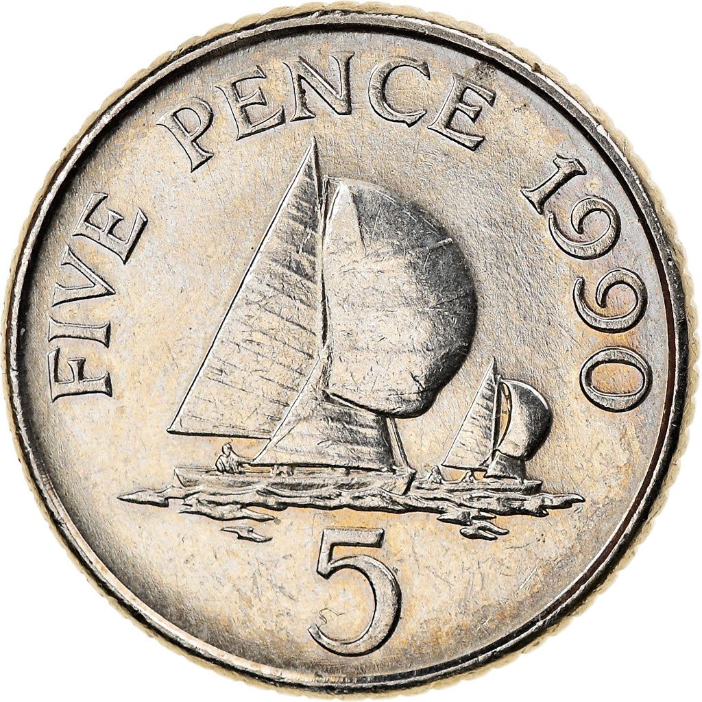 Guernsey Coin | 5 Pence | Queen Elizabeth II | Sailing Boat | Yacht | KM42.2 | 1990 - 1997