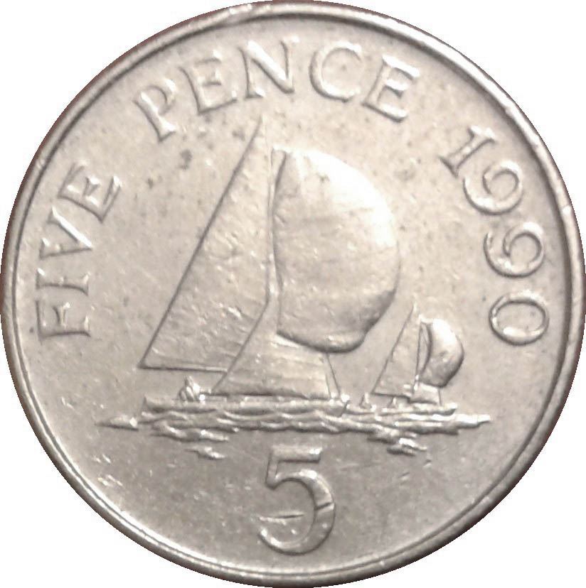 Guernsey Coin | 5 Pence | Queen Elizabeth II | Sailing Boat | Yacht | KM42.2 | 1990 - 1997