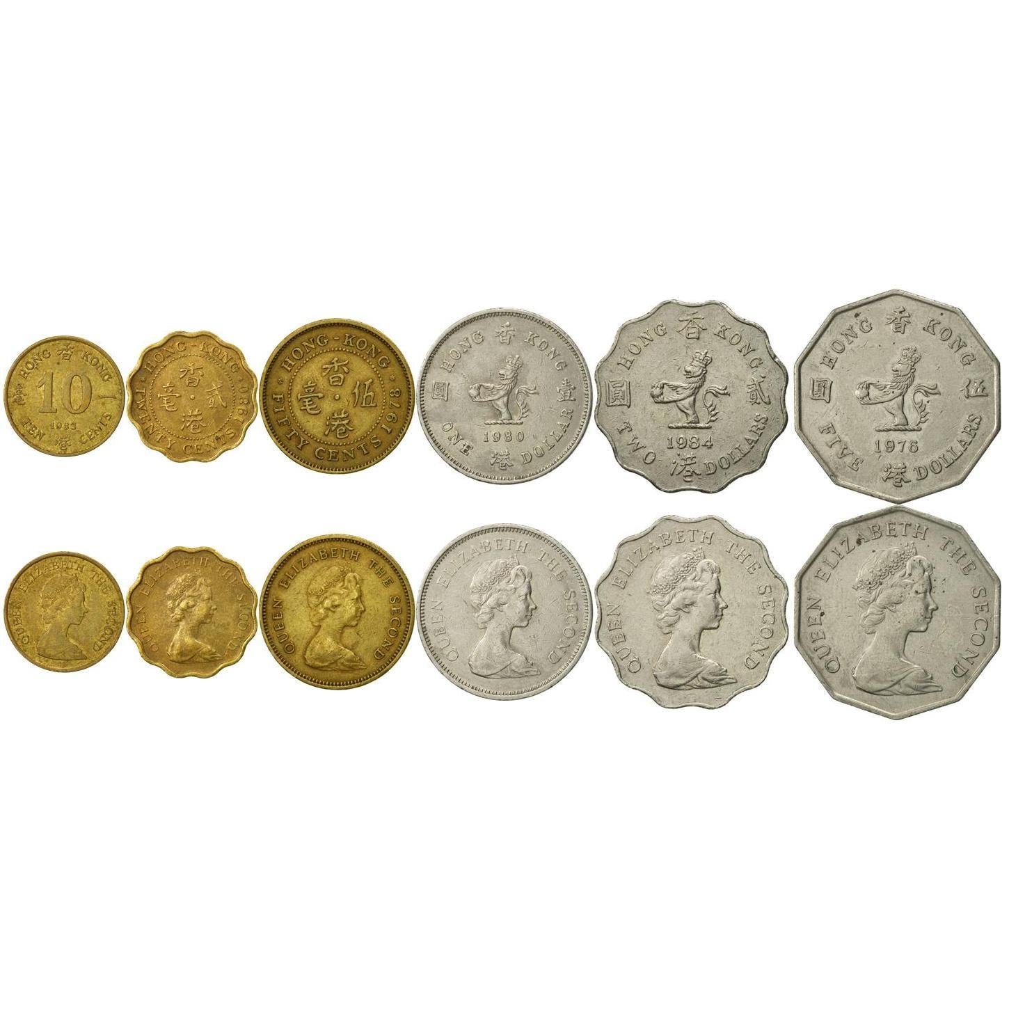 Hong Kong | 6 Coin Set | 10 20 50 Cents 1 Dollar 2 5 Dollars | 1975 - 1984