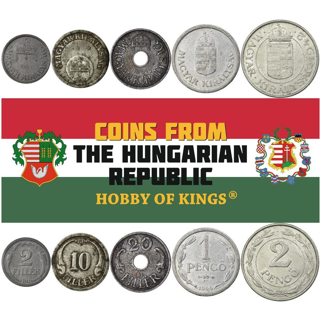 Hungary | 5 Coin Set | 2 10 20 Filler 1 2 Pengo | Holy Crown of Hungary | 1940 - 1944