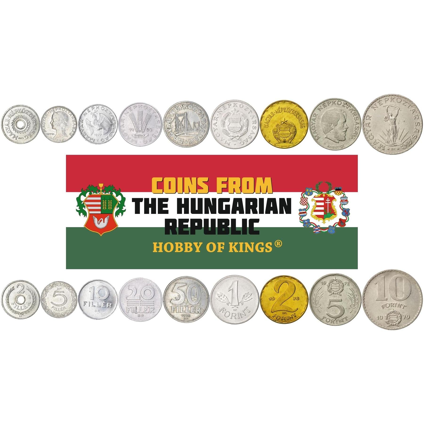 Hungary | 9 Coin Set | 2 5 10 20 50 Filler 1 2 5 10 Forint | Hole | Hungarian Girl | Dove | Olive Branch | Wheat Stalks | Elisabeth Bridge | Wheat Ears | Lajos Kossuth | Strobl Monument | 1967- 1981