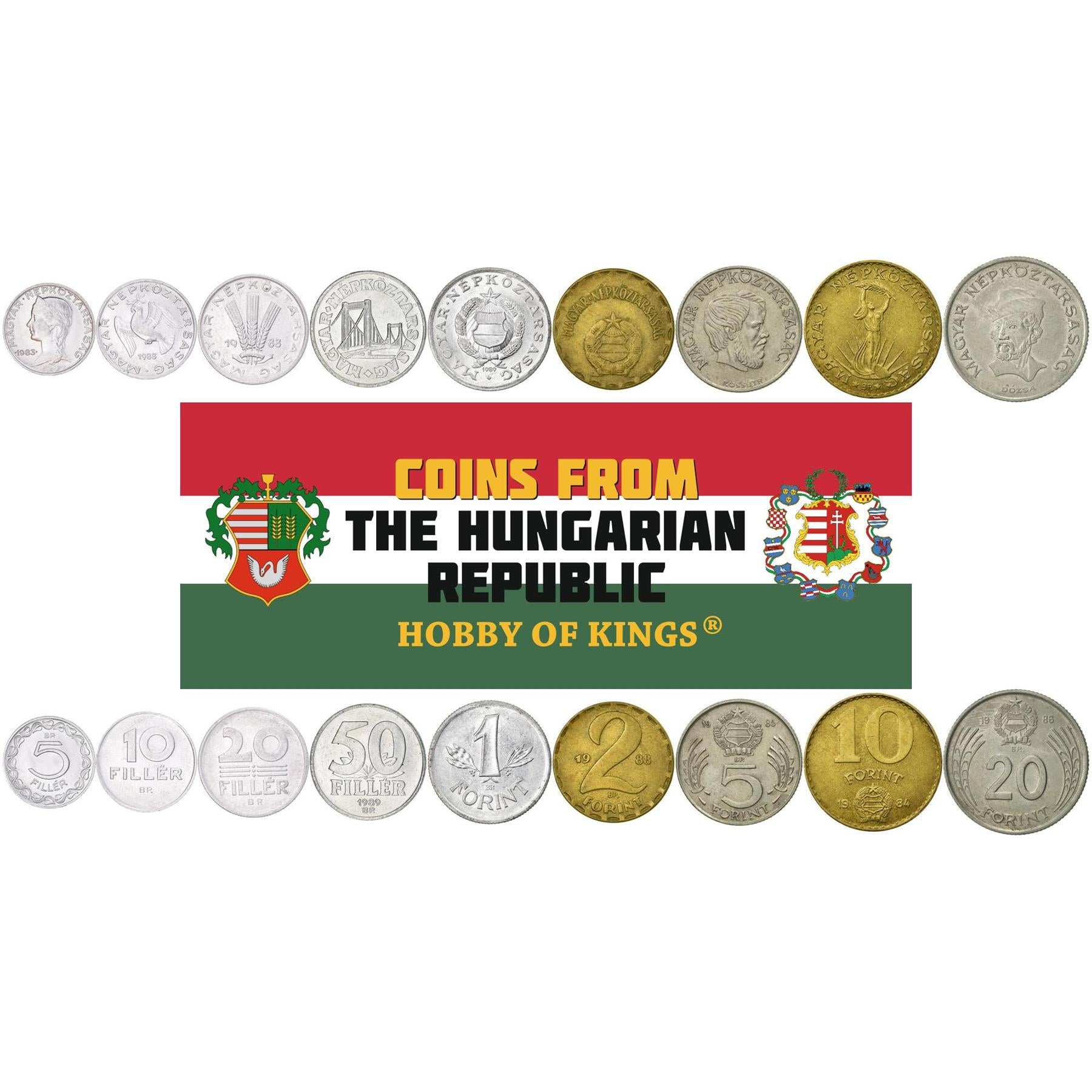 Hungary | 9 Coin Set | 5 10 20 50 Filler 1 2 5 10 20 Forint | Hungarian Girl | Dove | Olive Branch | Wheat Stalks | Elisabeth Bridge | Wheat Ears | Lajos Kossuth | Strobl Monument | György Dózsa | 1982 - 1989