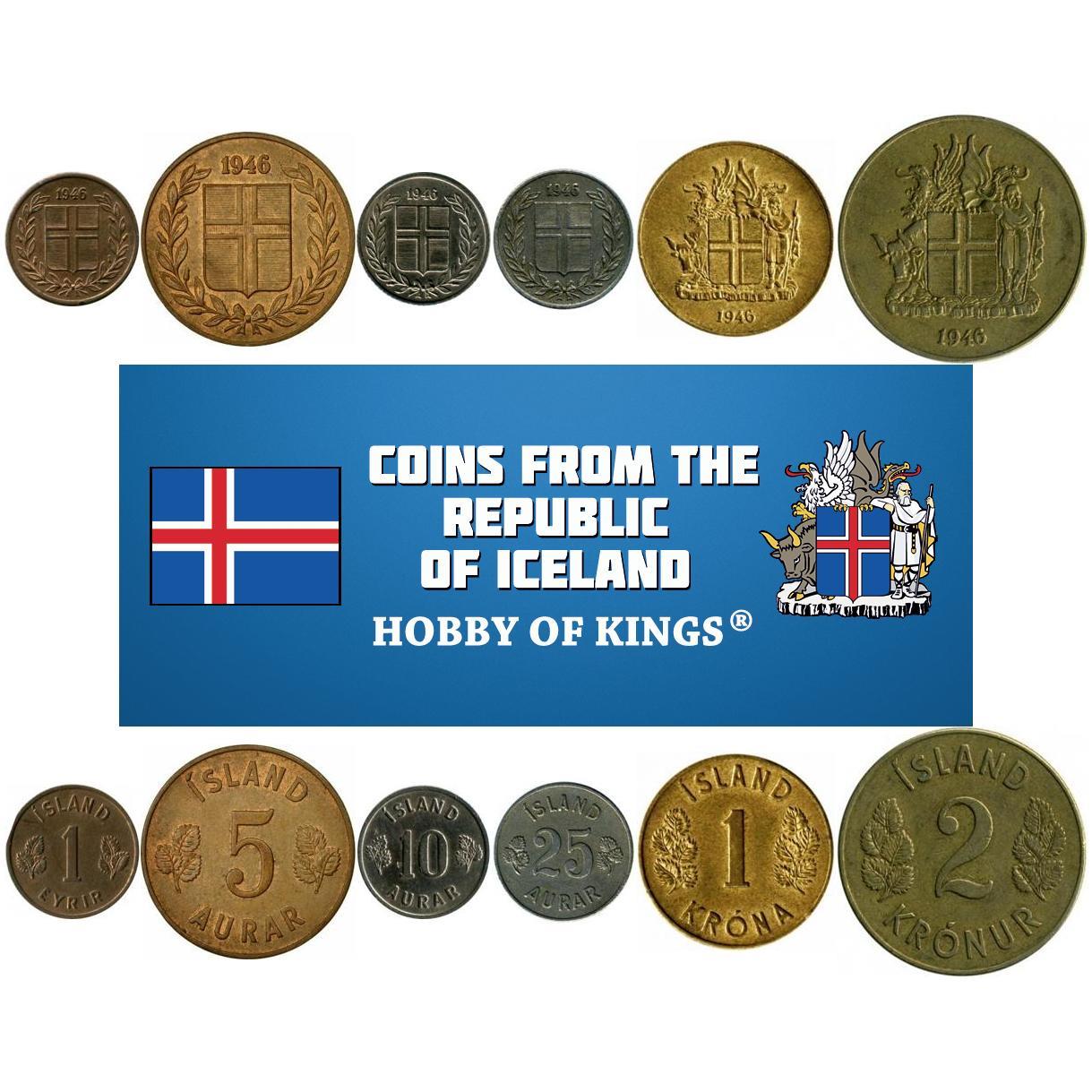 ICELAND.SET.1946 | Icelander 6 Coin set 1 Eyrir 2 5 10 25 Aurar 1 2 Kronur | 1946