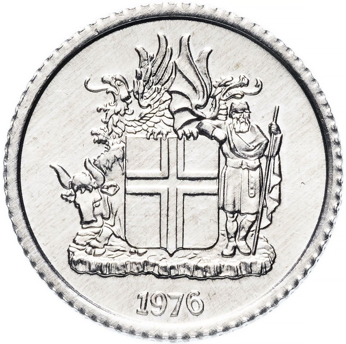 Iceland Coin Icelander 1 Krona | Bull Grioungur | Eagle Gammur | Dragon Dreki | Giant Bergrisi | Betula Pubescens | KM23 | 1976 - 1980