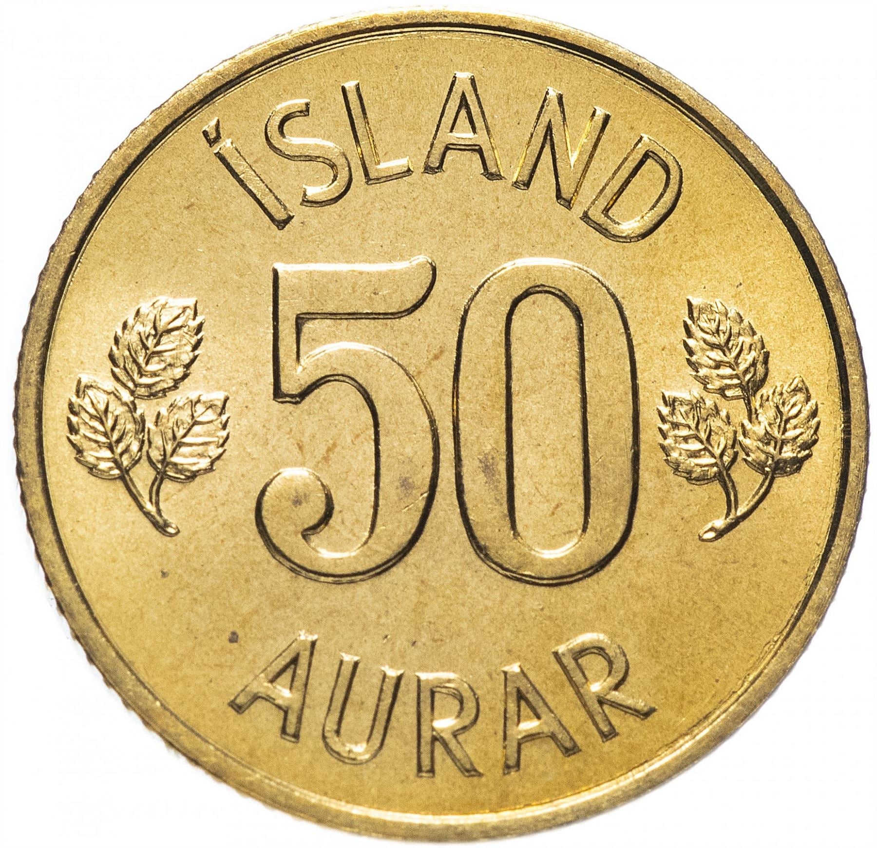 Iceland Coin Icelander 50 Aurar | Betula Pubescens Leaves | KM17 | 1969 - 1974