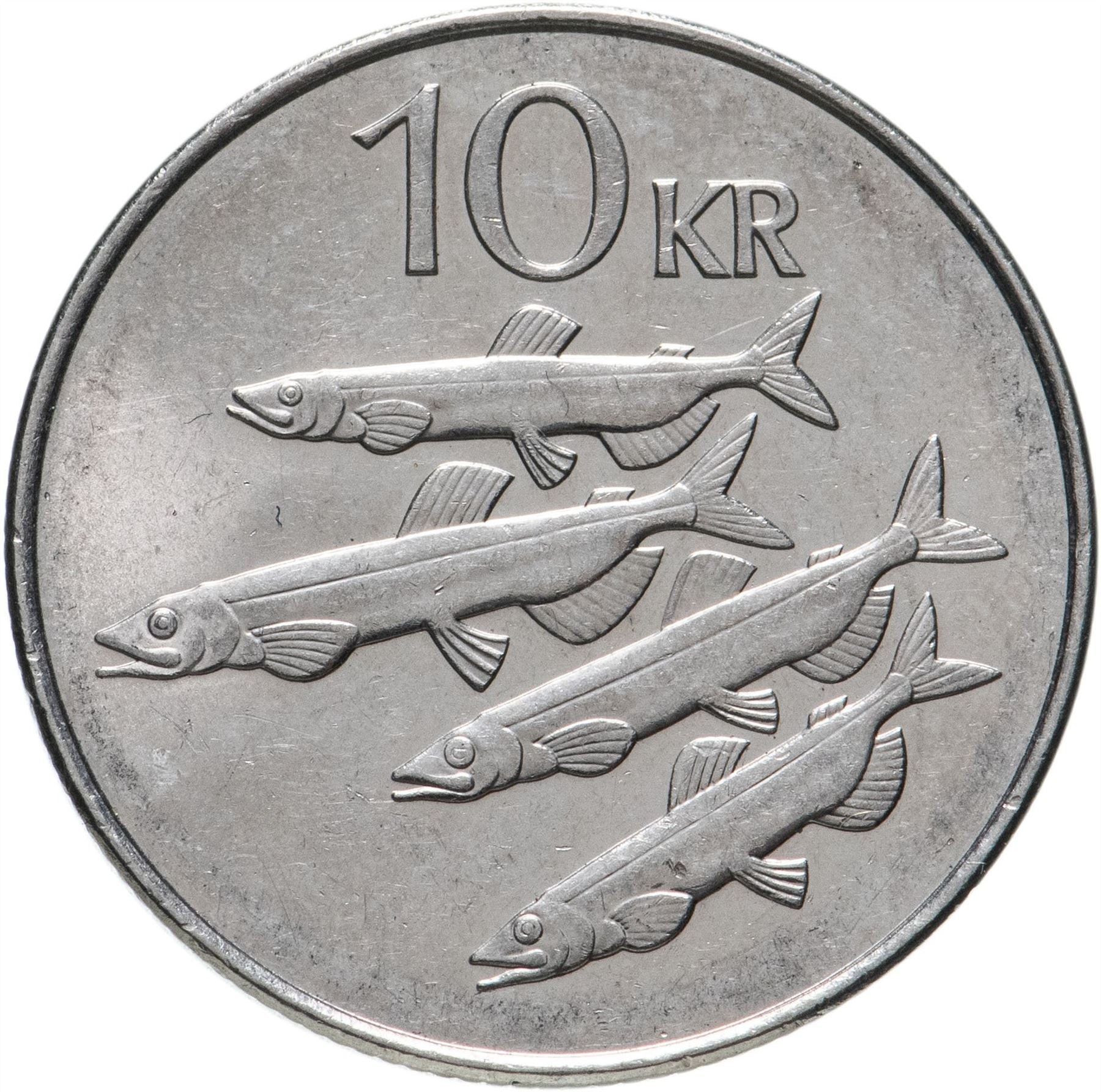 Icelander 10 Kronur Coin | Bull Grioungur | Eagle Gammur | Dragon Dreki | Giant Bergrisi | Capelin Fish | Iceland | KM29.1a | 1996 - 2008