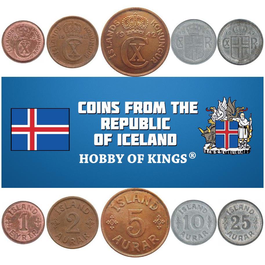 Icelander 5 Coin Set 1 Eyrir 2 5 10 25 Aurar | 1942