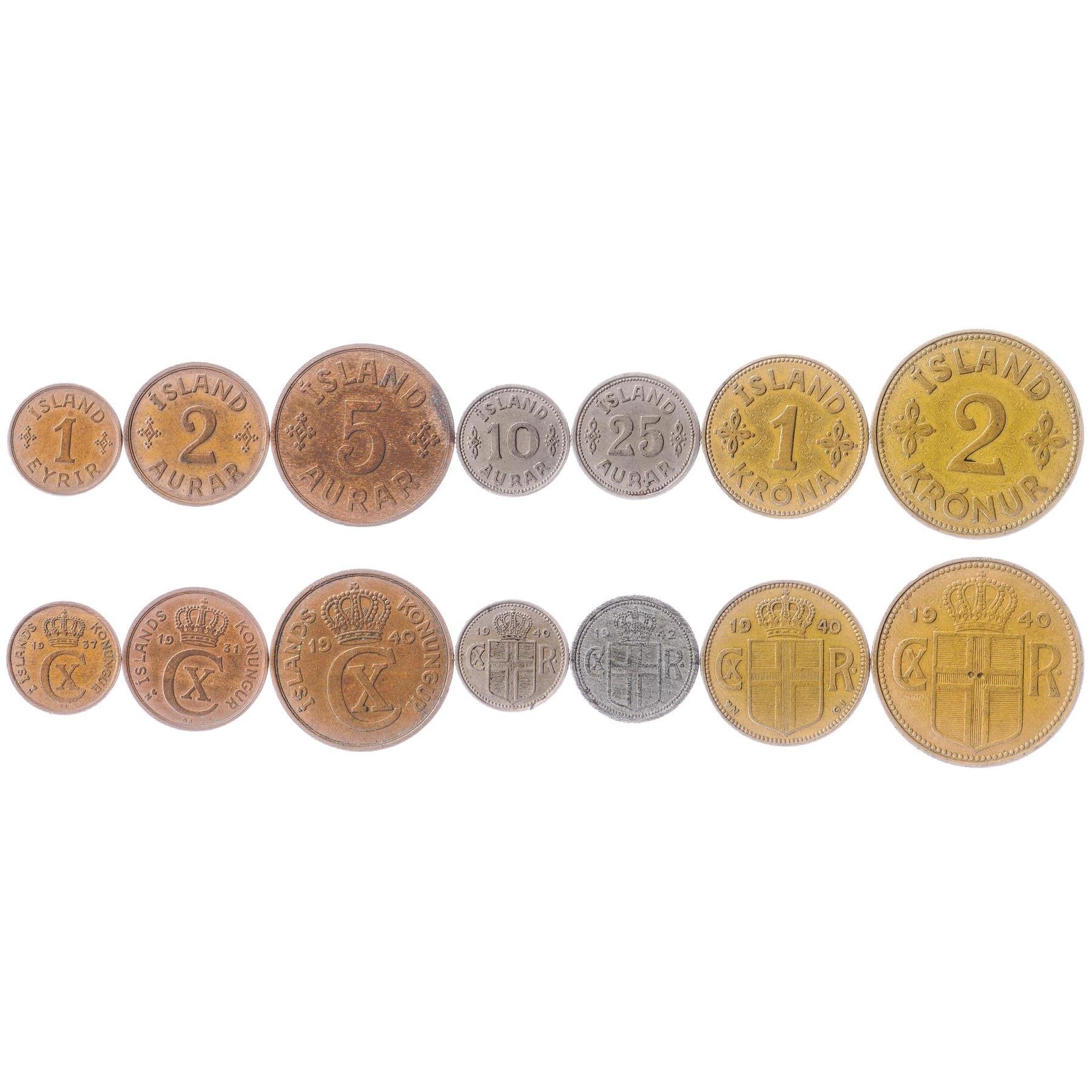 Icelander 7 Coin Set 1 Eyrir 2 5 10 25 Aurar 1 2 Krónur | King Christian X Monogram | Iceland | 1922 - 1942