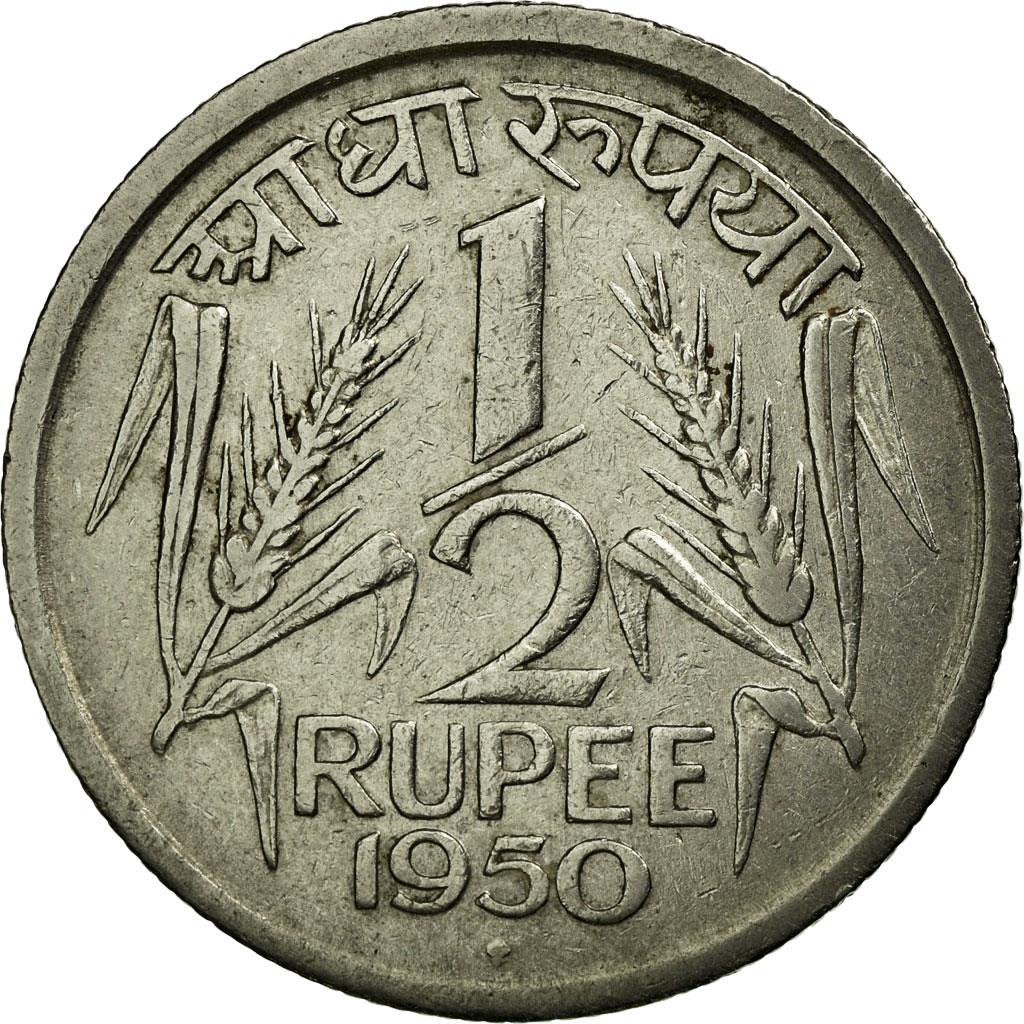 India | 1/2 Rupee Coin | Ashoka lion | Km:6 | 1950 - 1956