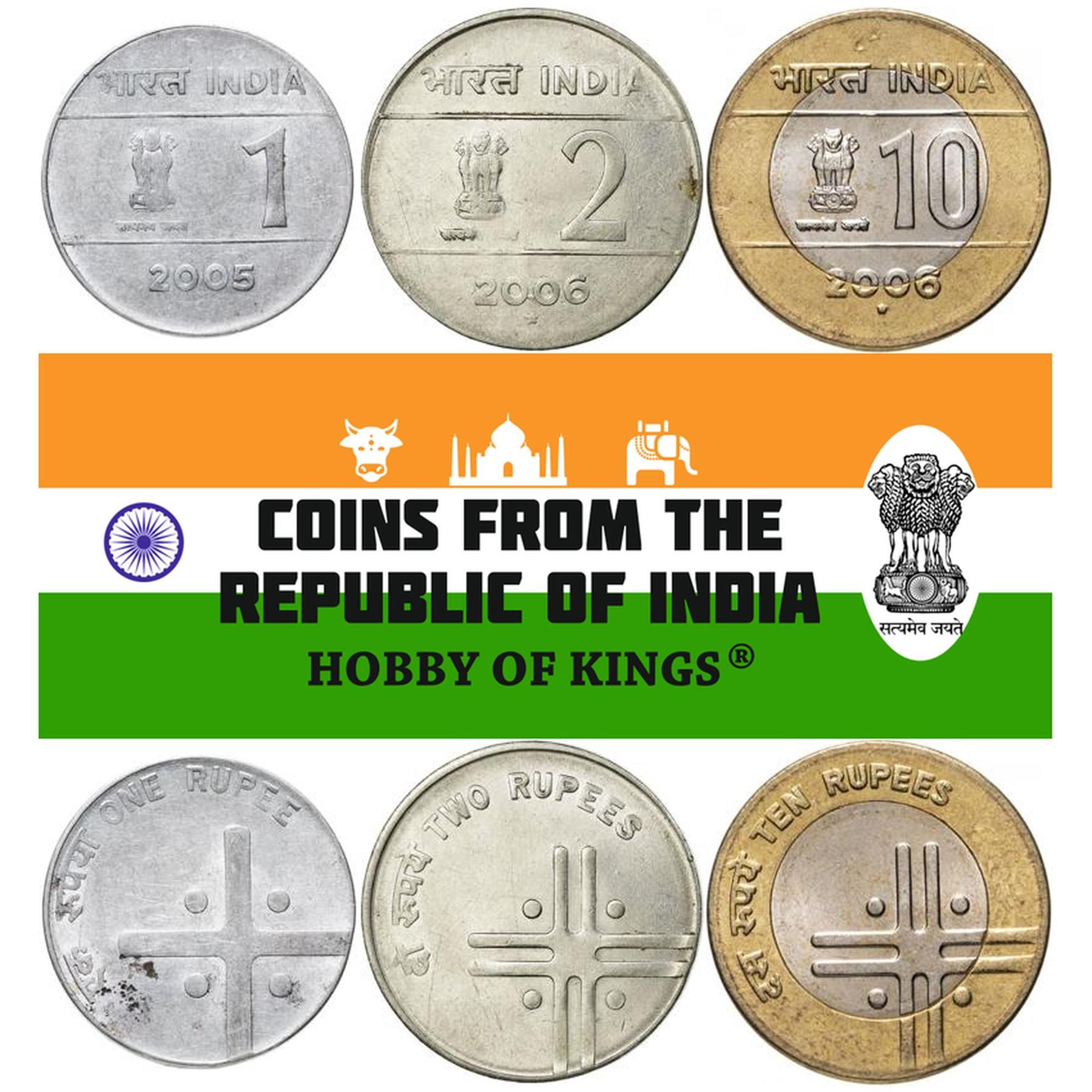 India | 3 Coin Set | 1 Rupee 2 10 Rupees | 2004 - 2007