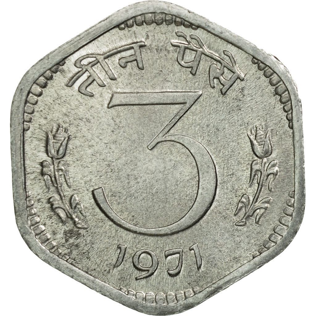 India | 3 Paise Coin | Ashoka Lion | Km:14.2 | 1968 - 1971