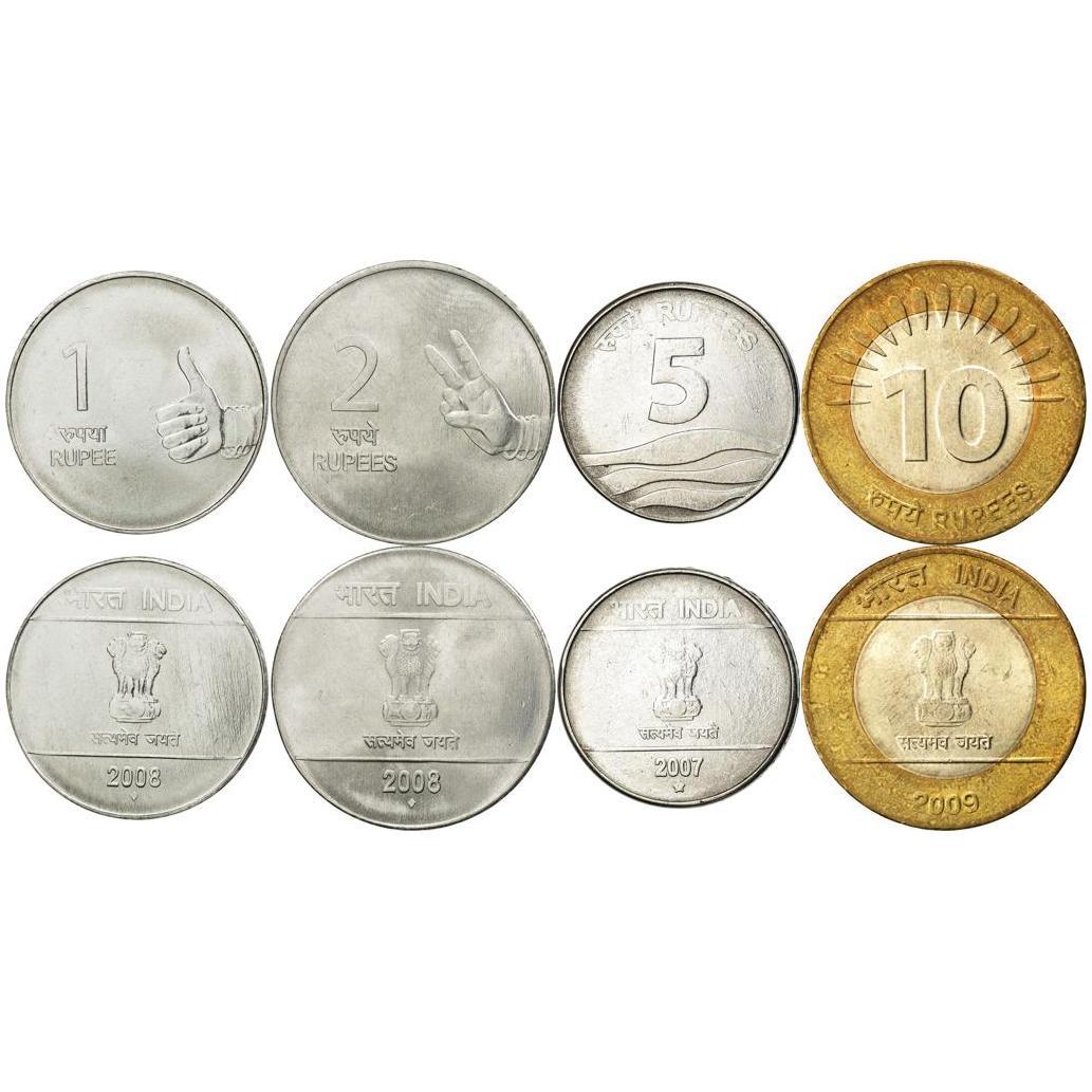 India | 4 Coin Set | 1 Rupee 2 5 10 Rupees | 2007 - 2011