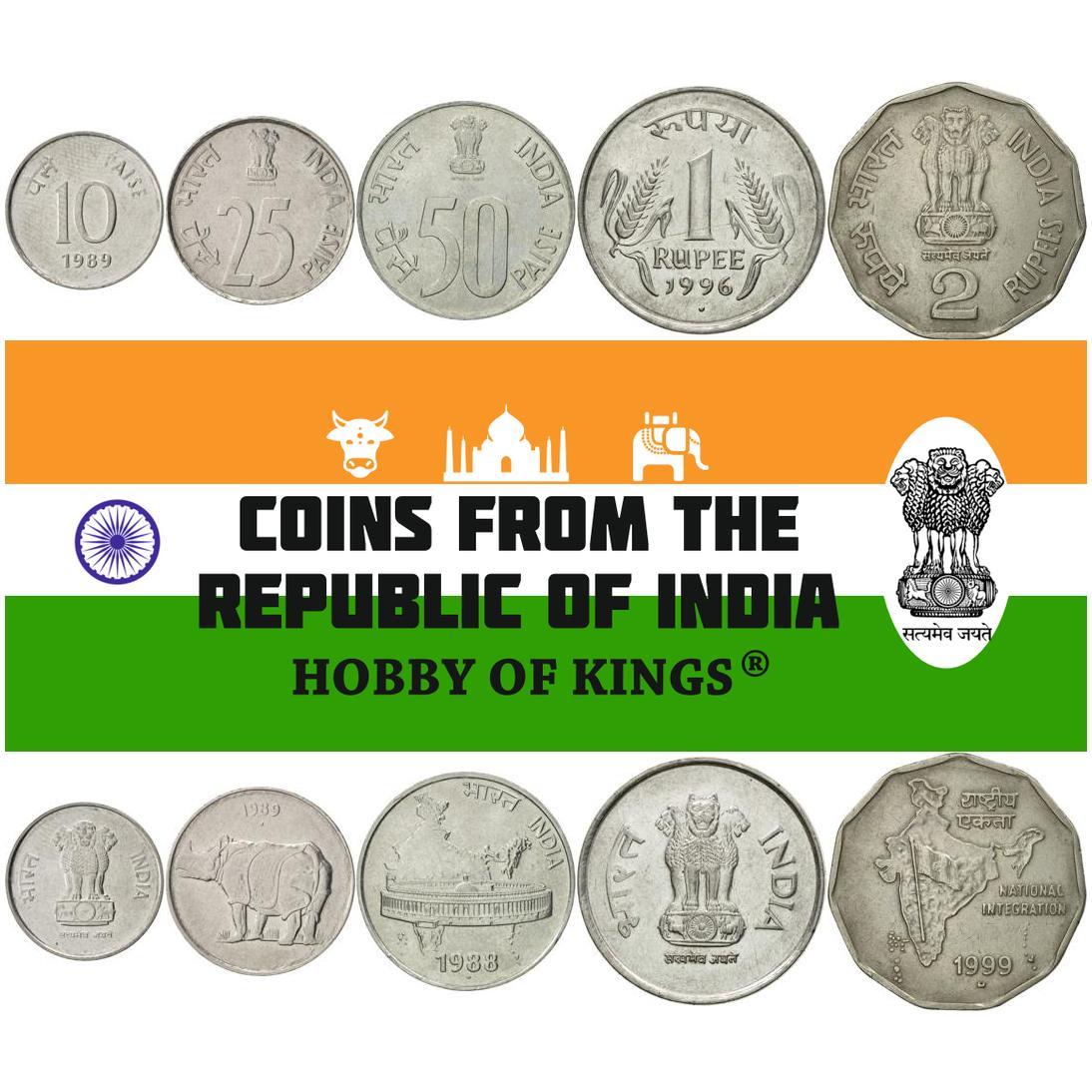 India | 5 Coin Set | 10 25 50 Paise 1 Rupee 2 Rupees | 1988 - 2007