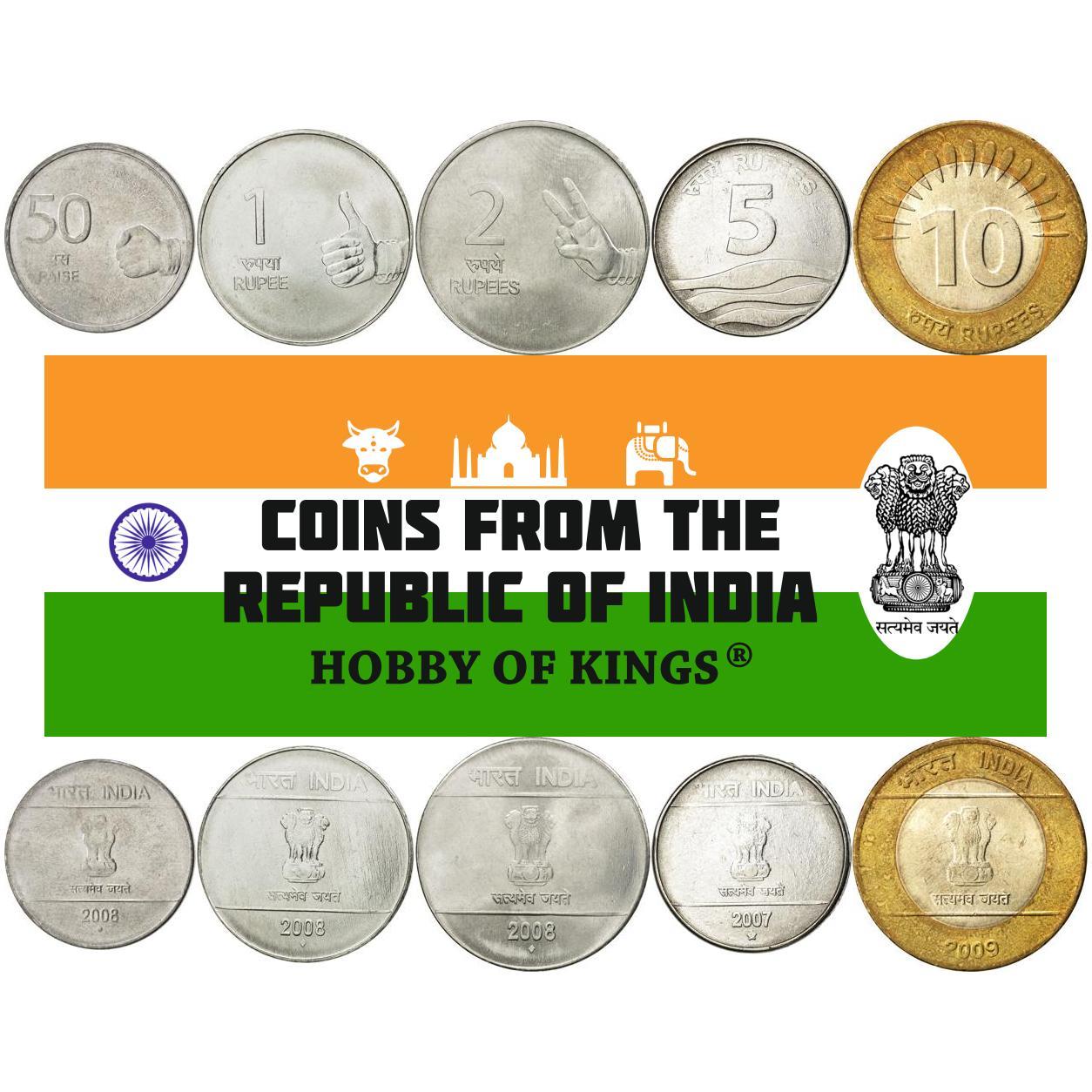 India | 5 Coin Set | 50 Paise 1 Rupee 2 5 10 Rupees | 2007 - 2011