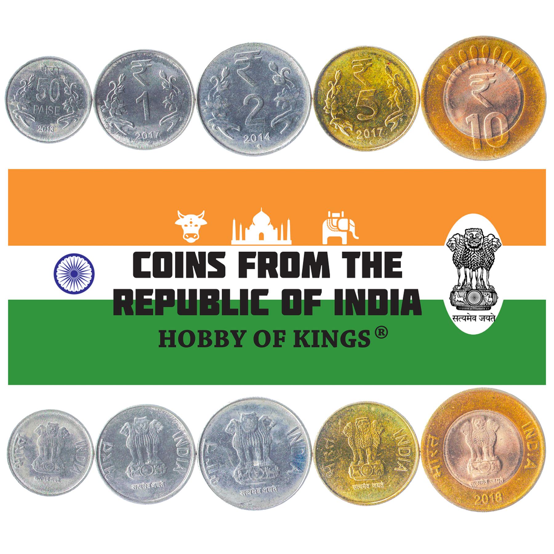 India | 5 Coin Set | 50 Paise 1 Rupee 2 5 10 Rupees | 2011 - 2019