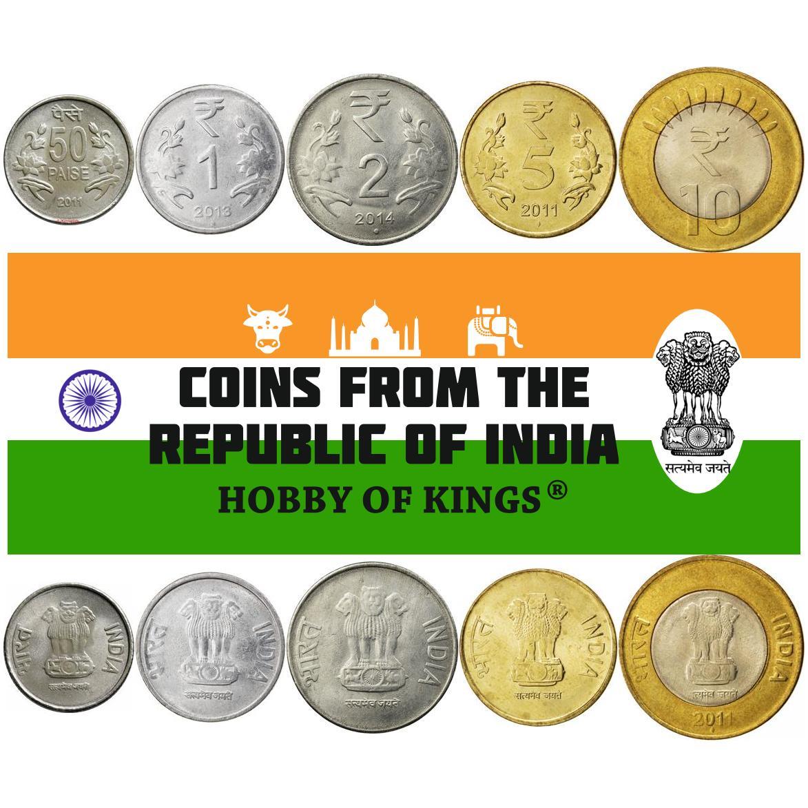 India | 5 Coin Set | 50 Paise 1 Rupee 2 5 10 Rupees | 2011 - 2019