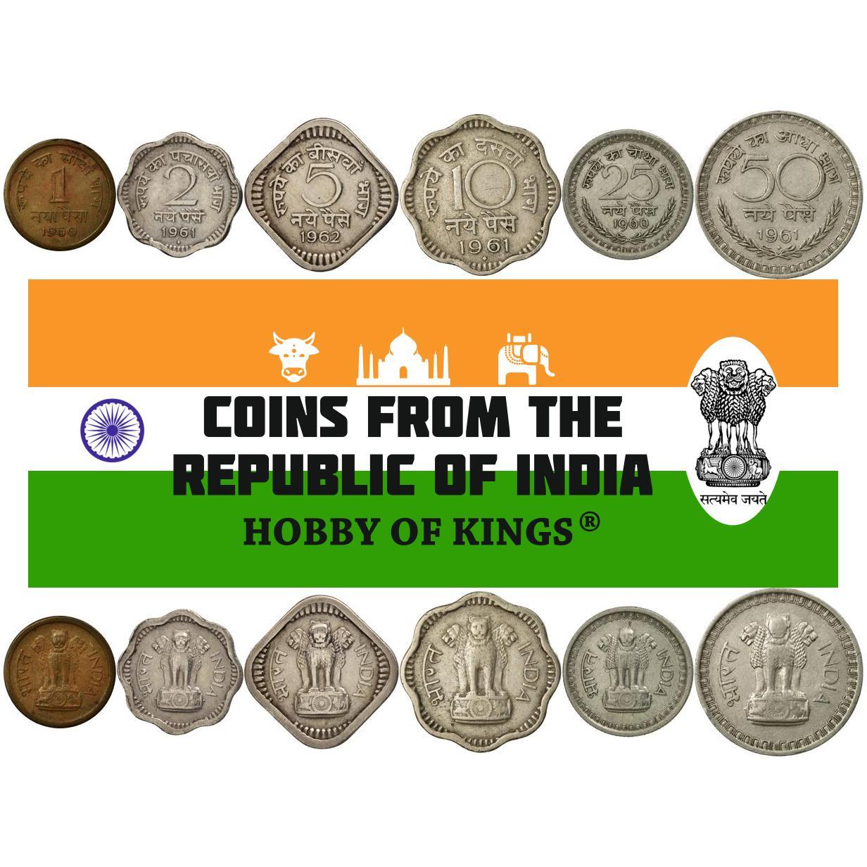 India | 6 Coin Set | 1 Naya 2 Naye 5 Naye 10 Naye 25 Naye 50 Naye Paisa | 1957 - 1963