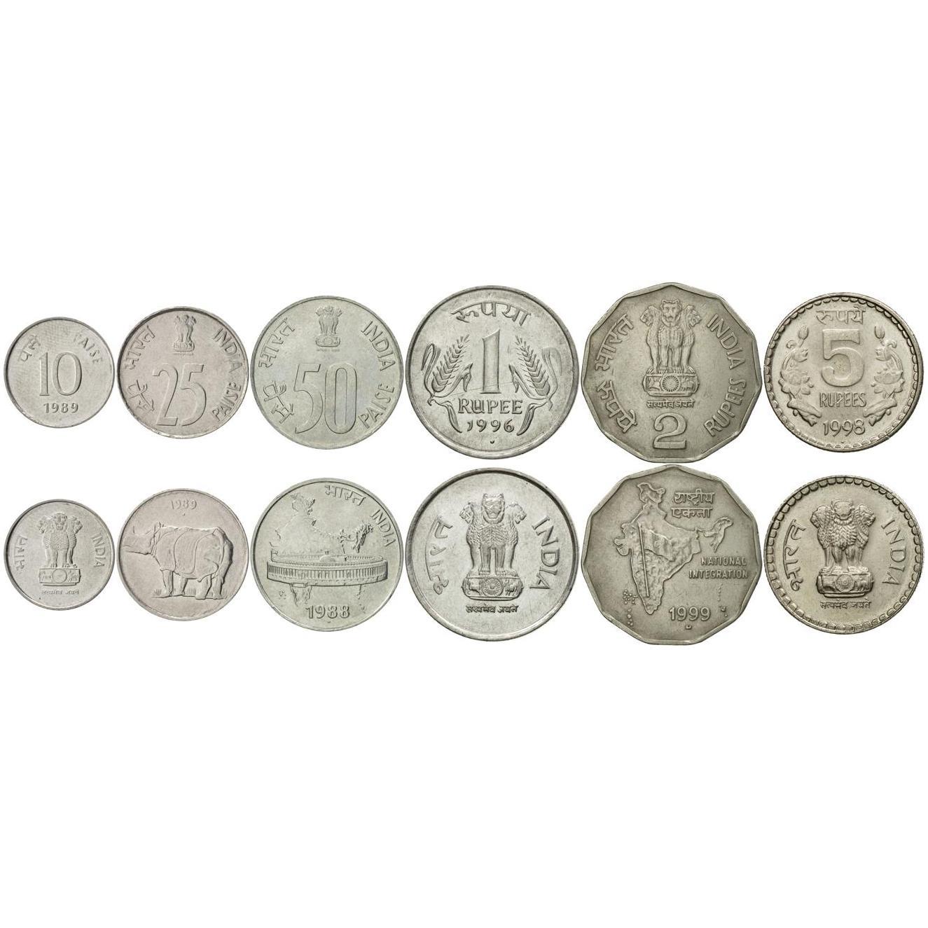 India | 6 Coin Set | 10 25 50 Paise 1 Rupee 2 5 Rupees | 1988 - 2007