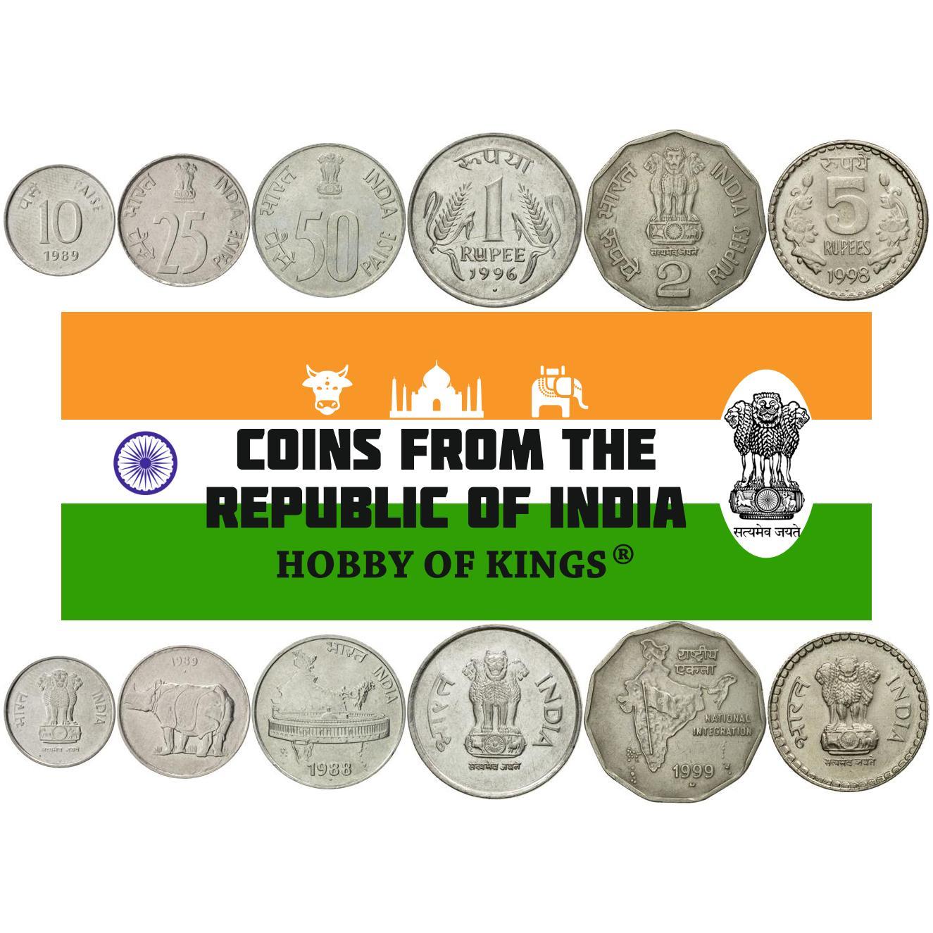 India | 6 Coin Set | 10 25 50 Paise 1 Rupee 2 5 Rupees | 1988 - 2007