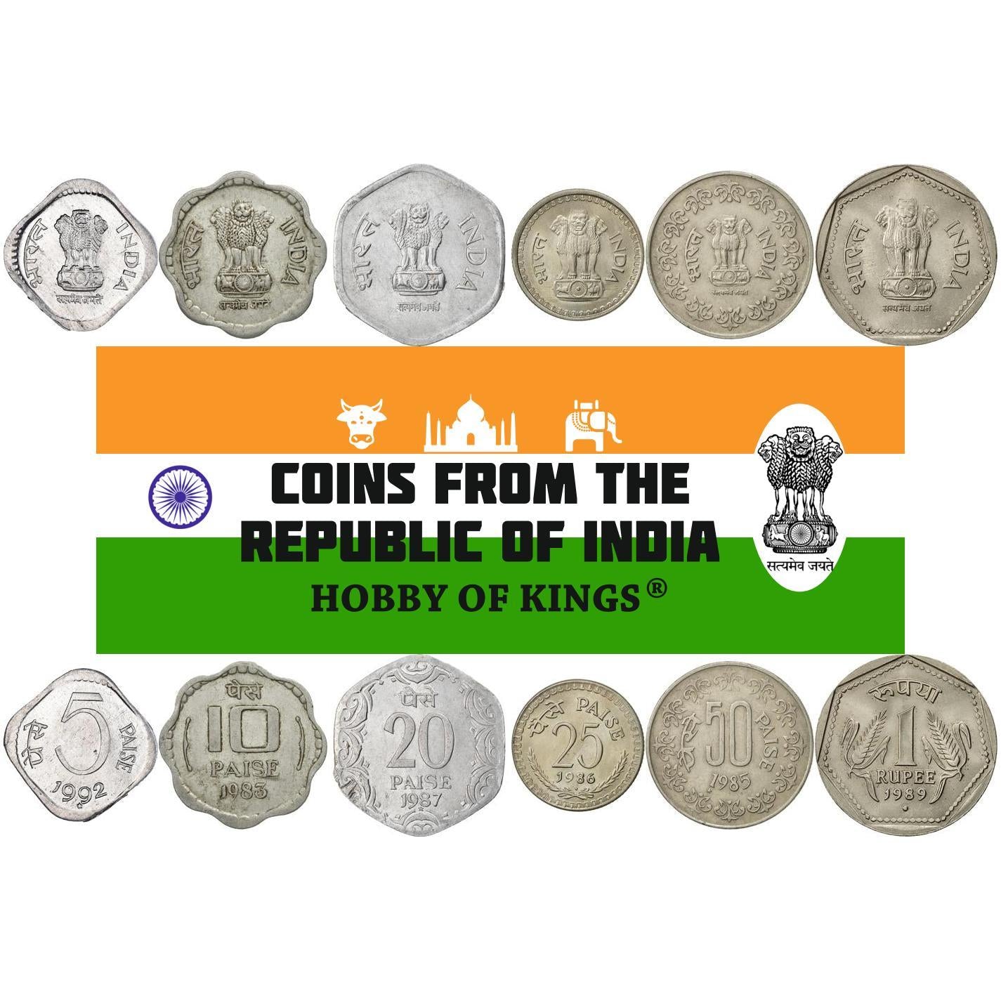 India | 6 Coin Set | 5 10 20 25 50 Paise 1 Rupee | 1982 - 1994