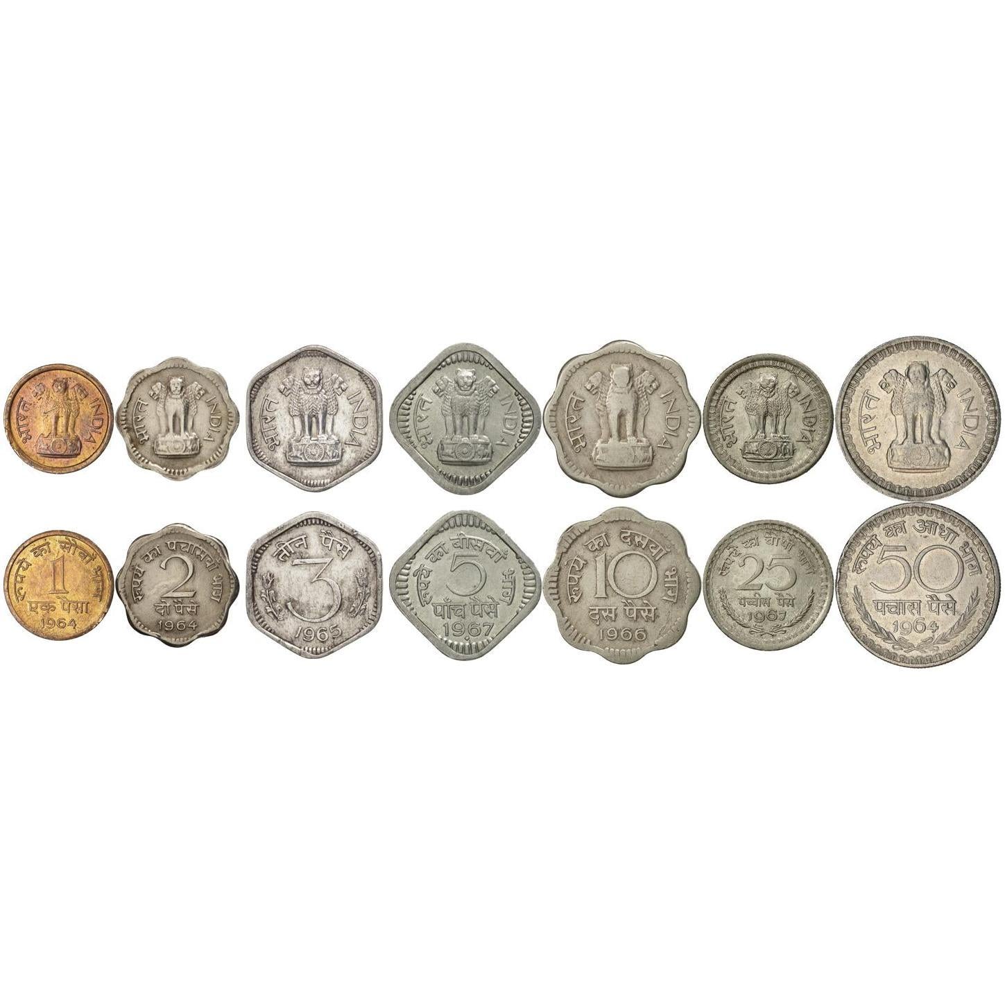 India | 7 Coin Set | 1 2 3 5 10 25 50 Paisa | 1964 - 1972