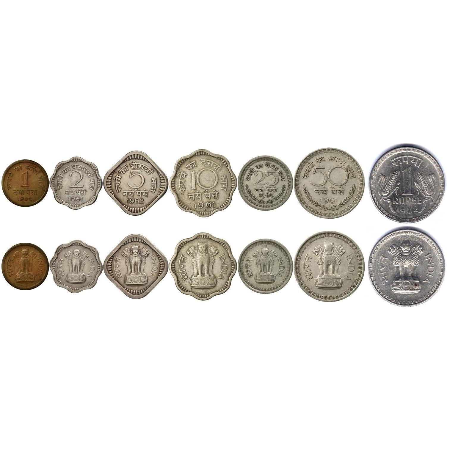 India | 7 Coin Set | 1 Naya 2 Naye 5 Naye 10 Naye 25 Naye 50 Naye Paisa 1 Rupee | 1957 - 1963