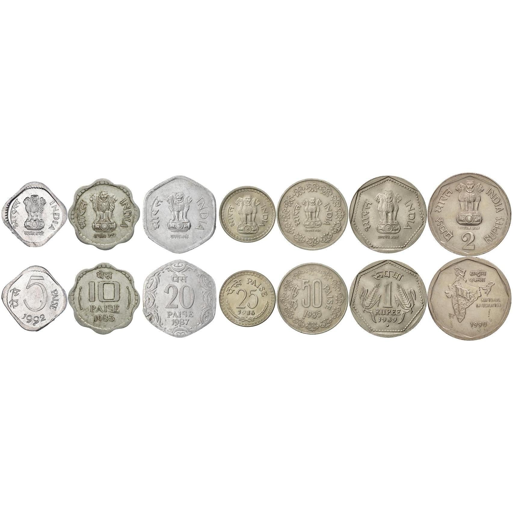 India | 7 Coin Set | 5 10 20 25 50 Paise 1 Rupee 2 Rupees | 1982 - 1994