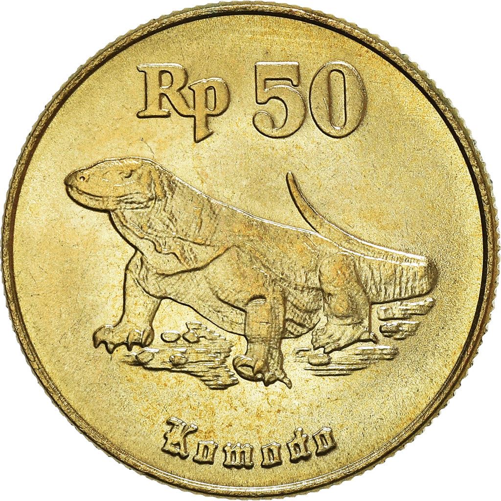 Indonesia 50 Rupiah Coin KM52 | Komodo Dragon Lizard | 1991 - 1998