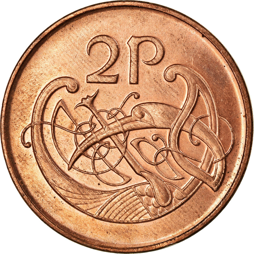 Ireland Coin Irish 2 Pence | Harp | Book of Kells | KM21a | 1988 - 2000