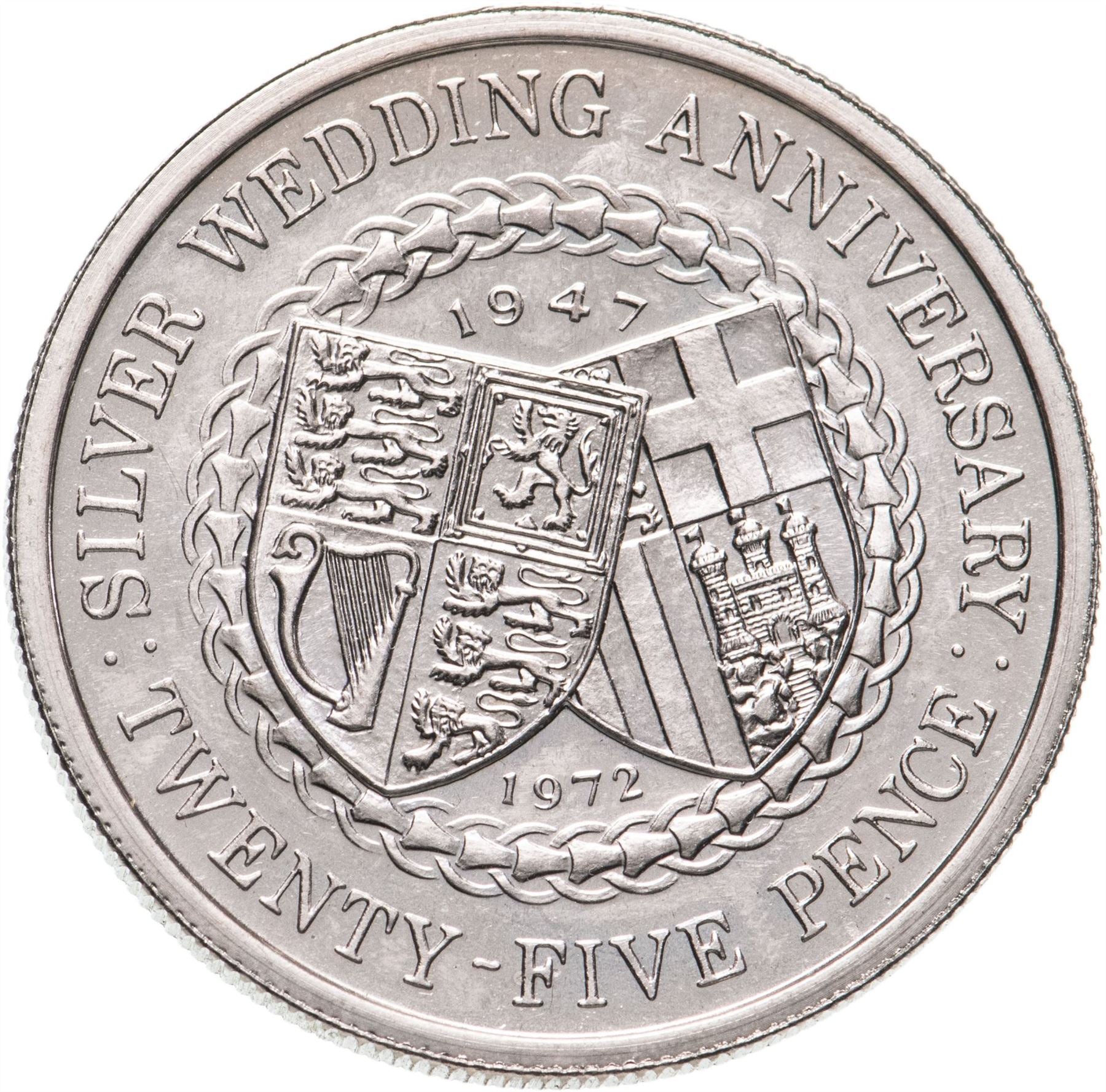 Isle of Man | 25 Pence Coin | Queen Elizabeth II | Royal Wedding Anniversary | KM25 | 1972