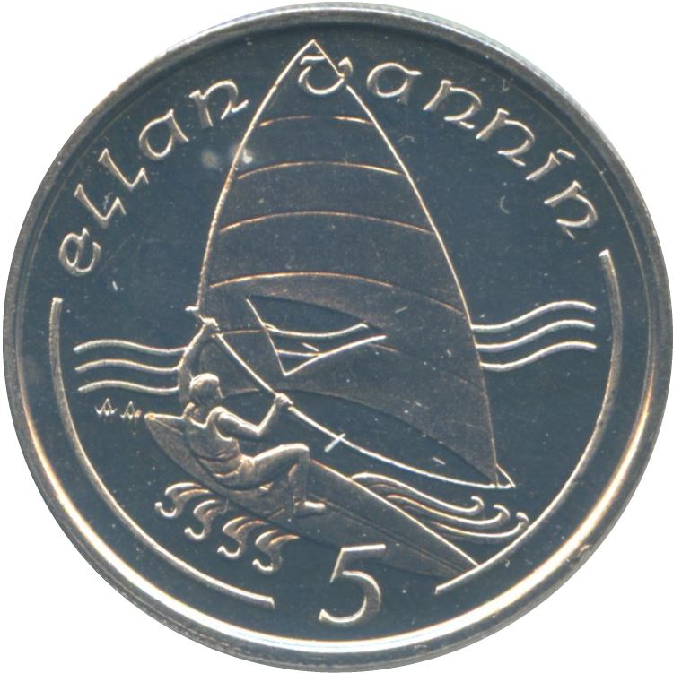 Isle of Man | 5 Pence Coin | Queen Elizabeth II | Windsurfing | KM209.1 | 1988 - 1990