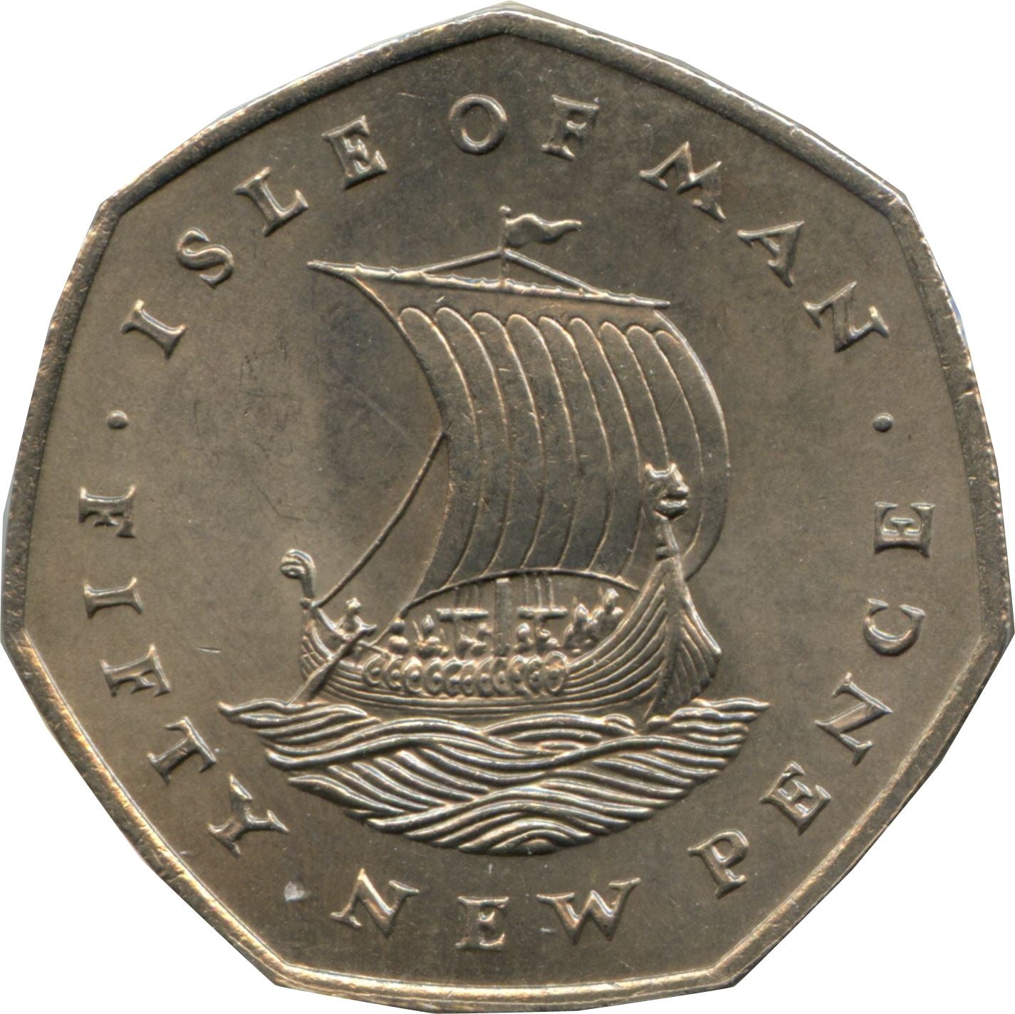 Isle of Man Coin Man 50 New Pence | Queen Elizabeth II | Viking Longship | KM24 | 1971 - 1975