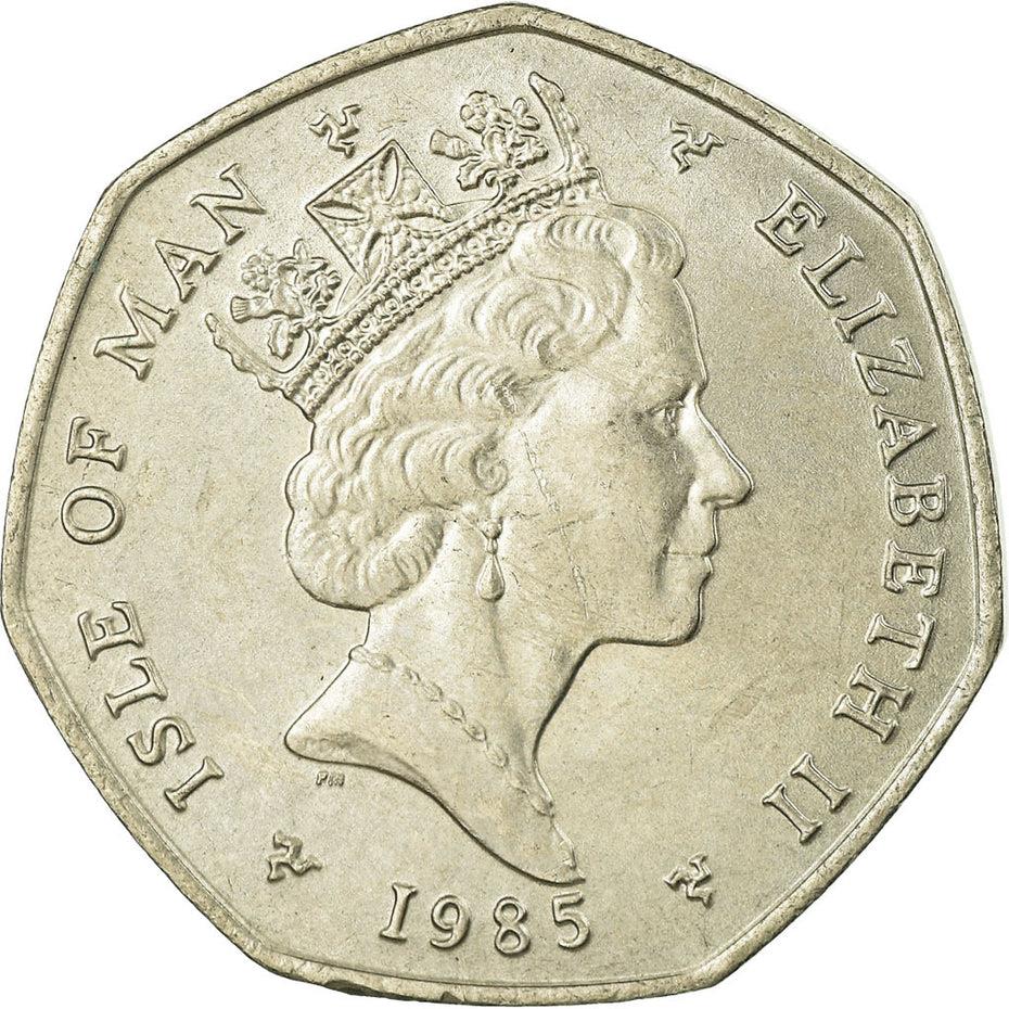 Isle of Man Coin Man 50 Pence | Queen Elizabeth II | Christmas | Plane | KM158 | 1985