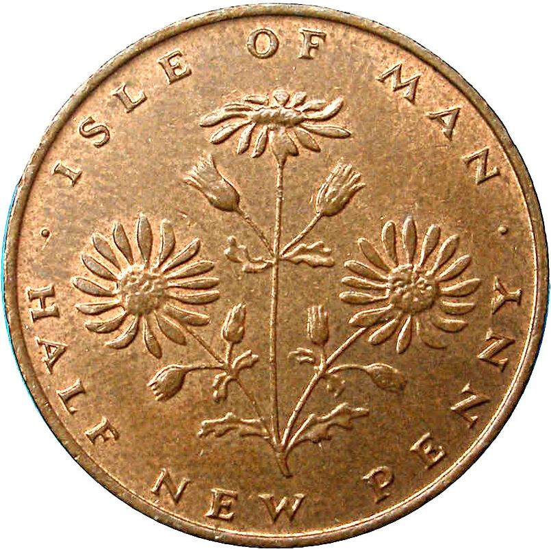 Isle of Man Coin Manx ½ New Penny | Queen Elizabeth II | Jacobaea Vulgaris | National Flower | KM19 | 1971 - 1975