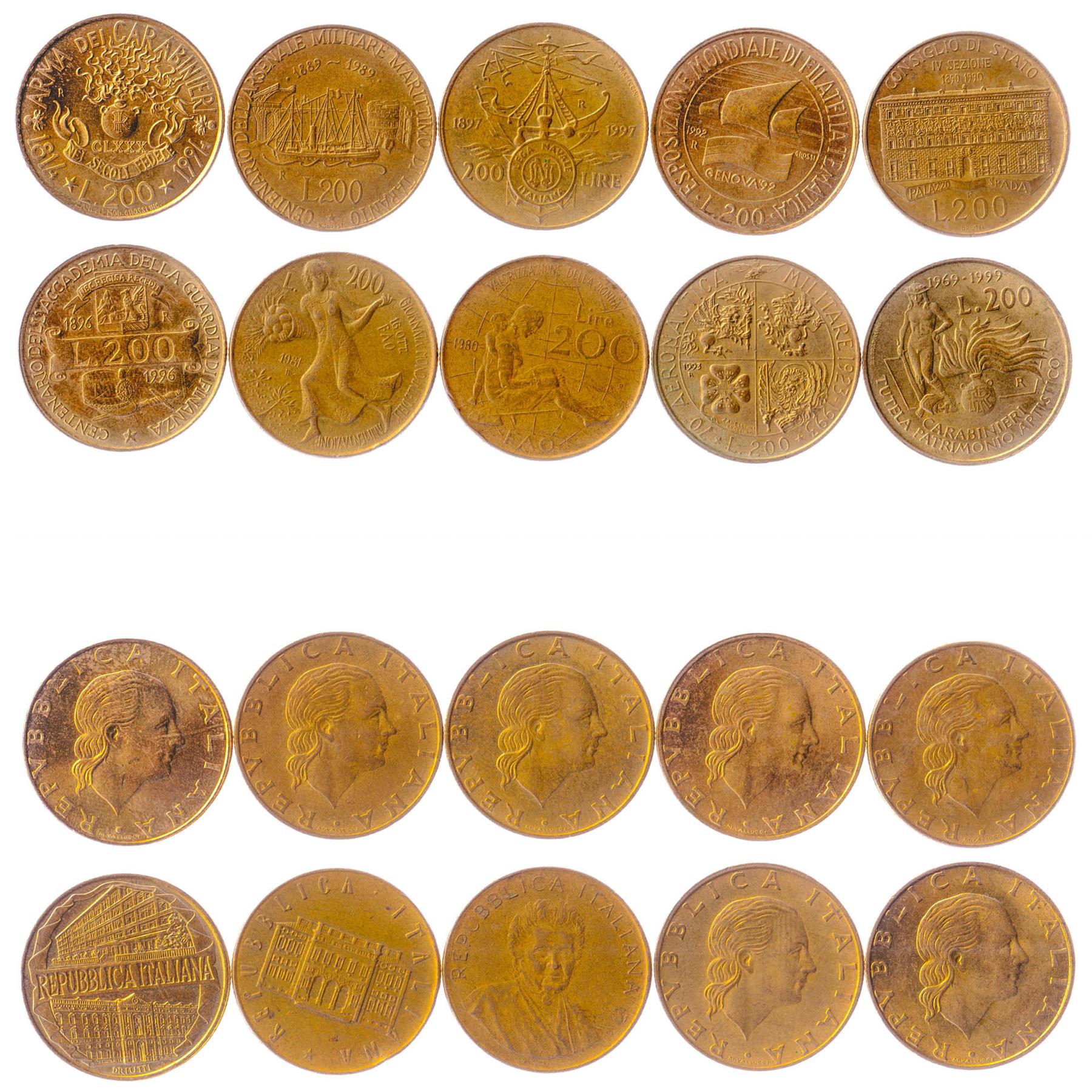 Italian 10 Coin Set 200 Lire | Eagle | GDF Academy | Royal Palace of Caserta | Maria Montessori | Chimera | Ship | David Statue | Star | Granade | Sails | Palazzo Spada | Griffin | Boat | Donatello | Sword | WWI Badge | Book | 1980 - 1999