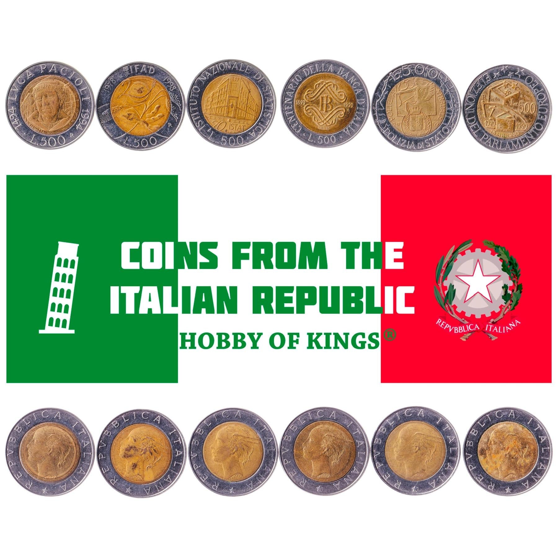 Italian 6 Coin Set 500 Lire | Sorghum Steam | Luca Pacioli | Globe | Archer | Star | Wheat Ear | 1993 - 1999