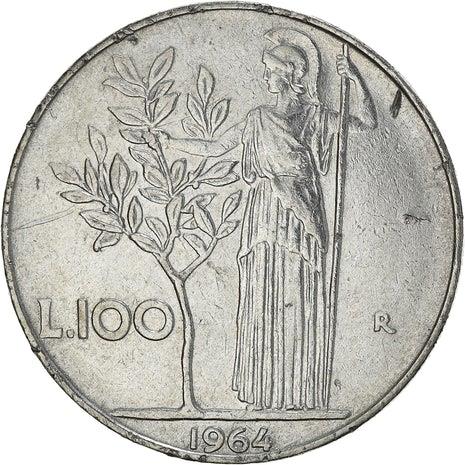 Italy 100 Lire | 100 Coins | Large type | Goddess Minerva | Long Spear | Tree | KM96.1 | 1955 - 1989