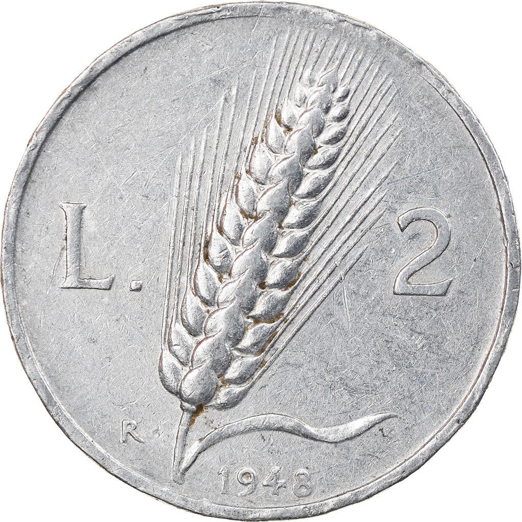 Italy | 2 Lire Coin | Farmer | Plowing Field | Wheat Ear | KM88 | 1946 - 1950