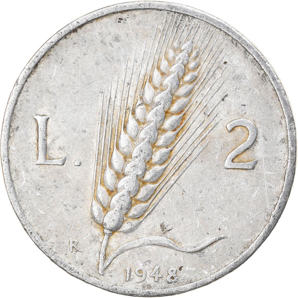 Italy | 2 Lire Coin | Farmer | Plowing Field | Wheat Ear | KM88 | 1946 - 1950