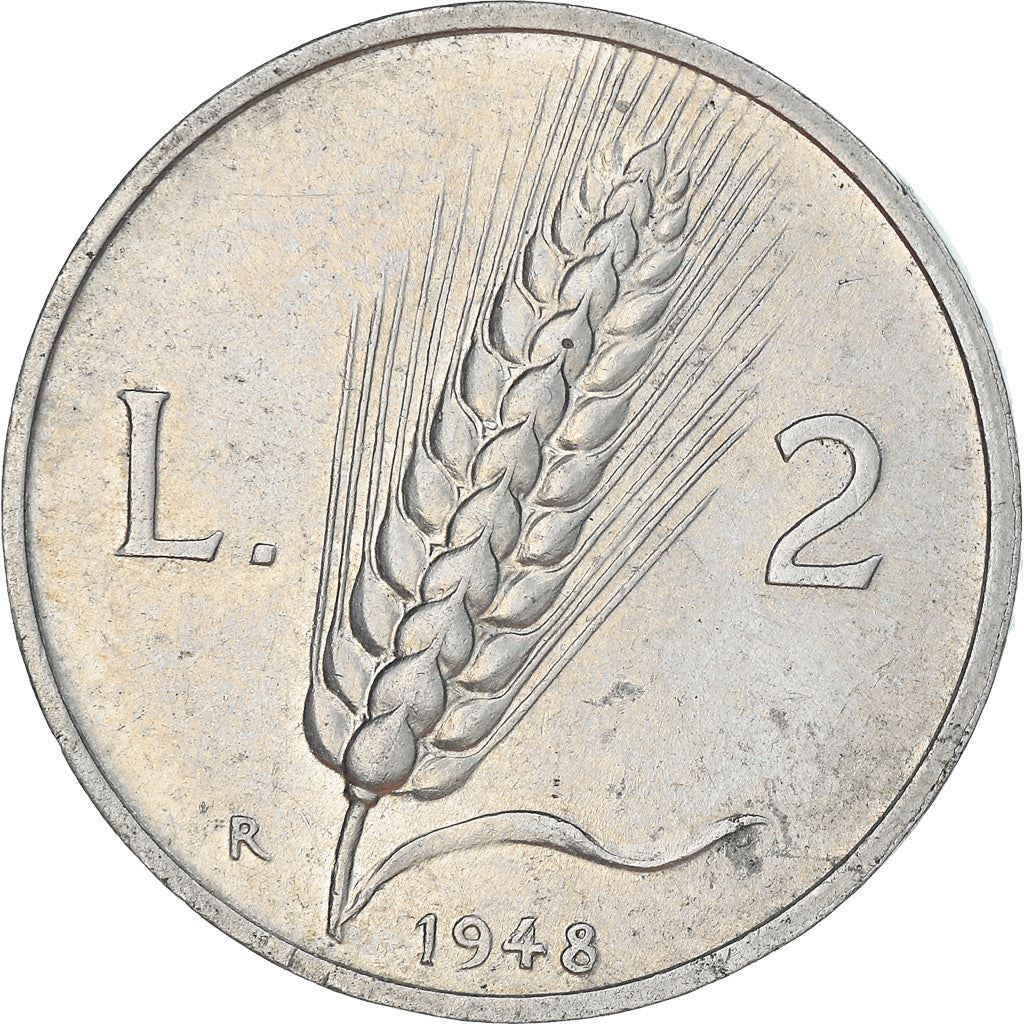 Italy | 2 Lire Coin | Farmer | Plowing Field | Wheat Ear | KM88 | 1946 - 1950