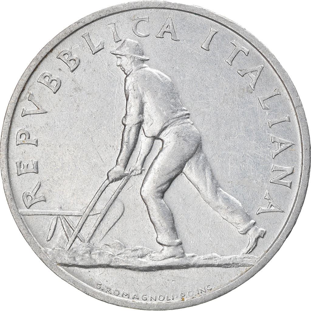 Italy | 2 Lire Coin | Farmer | Plowing Field | Wheat Ear | KM88 | 1946 - 1950