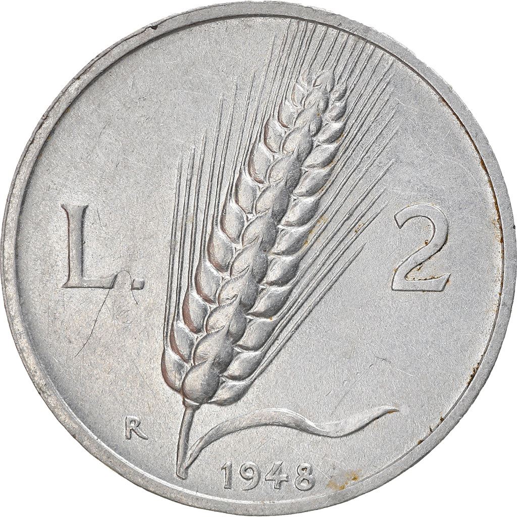 Italy | 2 Lire Coin | Farmer | Plowing Field | Wheat Ear | KM88 | 1946 - 1950