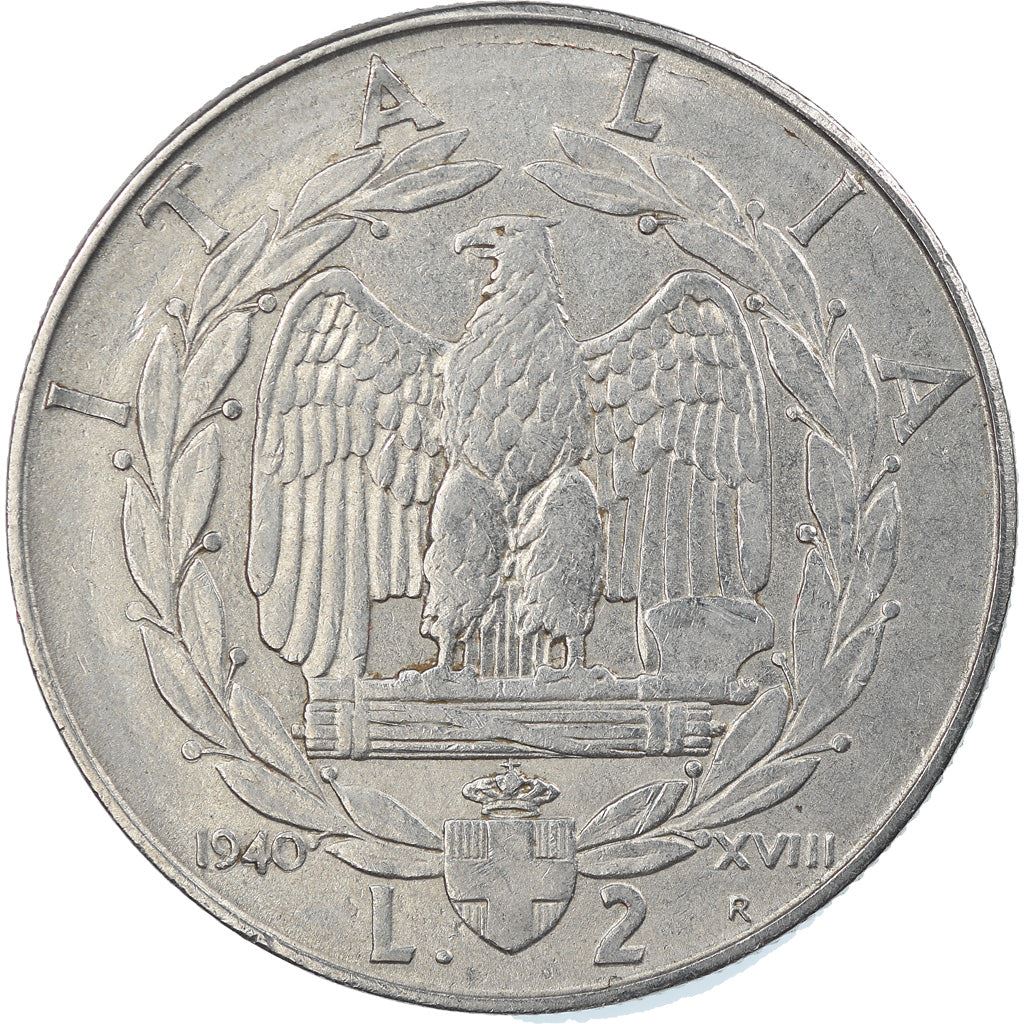 Italy 2 Lire Coin | Vittorio Emanuele III | Eagle | Fasces | Axe | KM78b | 1939 - 1943