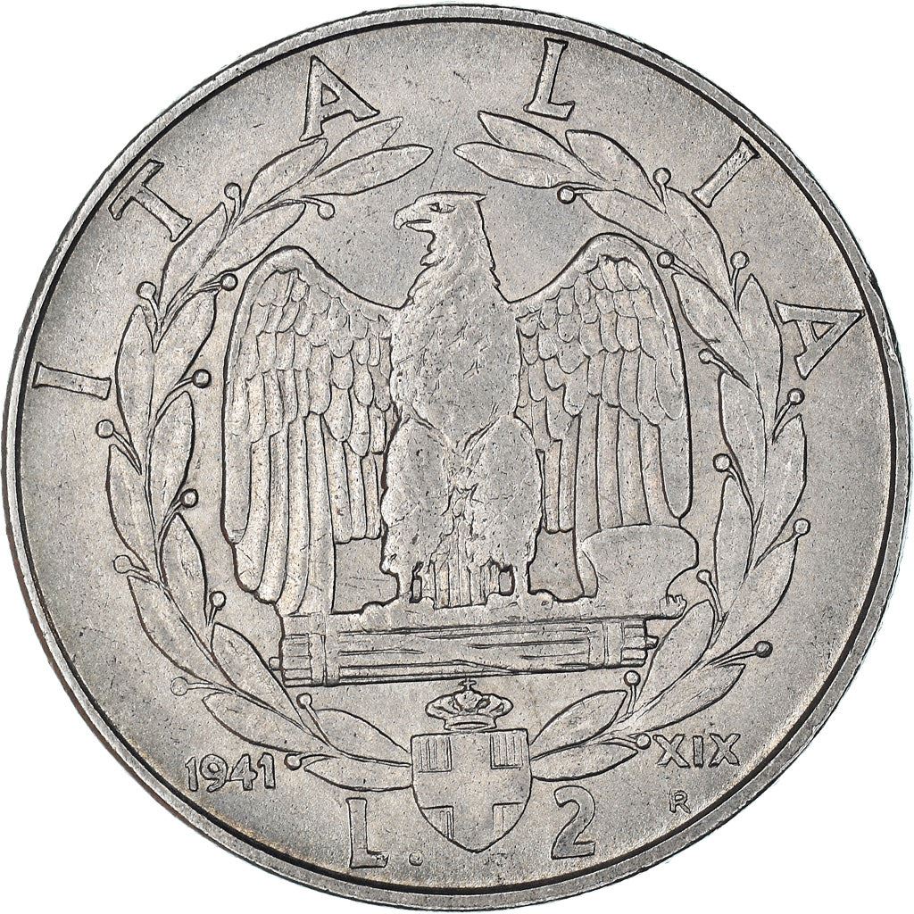 Italy 2 Lire Coin | Vittorio Emanuele III | Eagle | Fasces | Axe | KM78b | 1939 - 1943