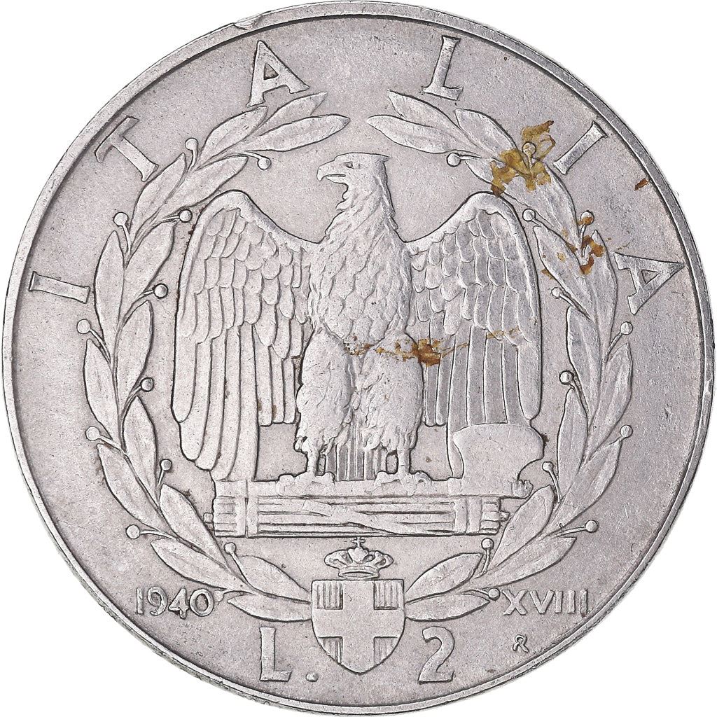 Italy 2 Lire Coin | Vittorio Emanuele III | Eagle | Fasces | Axe | KM78b | 1939 - 1943