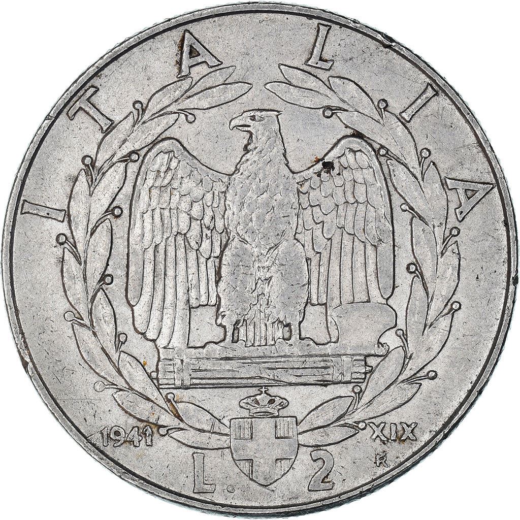 Italy 2 Lire Coin | Vittorio Emanuele III | Eagle | Fasces | Axe | KM78b | 1939 - 1943