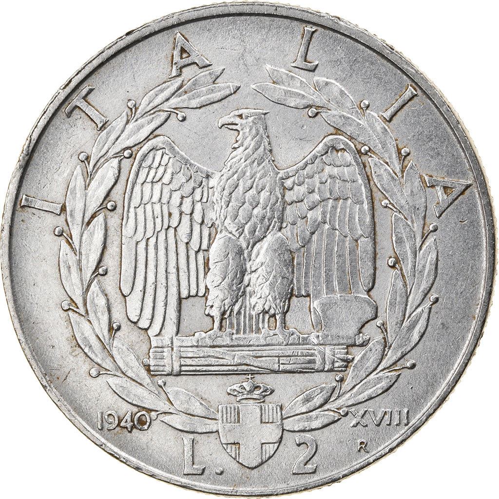 Italy 2 Lire Coin | Vittorio Emanuele III | Eagle | Fasces | Axe | KM78b | 1939 - 1943