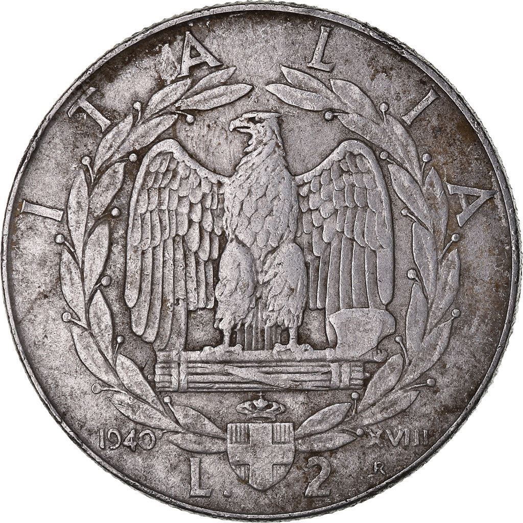 Italy 2 Lire Coin | Vittorio Emanuele III | Eagle | Fasces | Axe | KM78b | 1939 - 1943