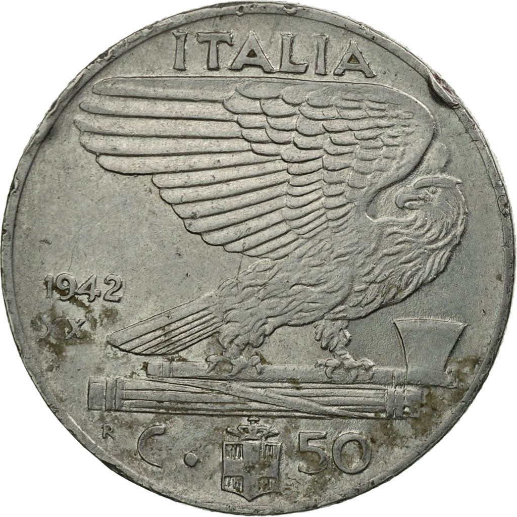 Italy 50 Centesimi Coin | Vittorio Emanuele III | Eagle | Fasces | Axe | KM76b | 1939 - 1943